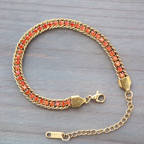 Orange Red CZ Diamond Cuban Chain Tennis Bracelet 18k Gold Plated Stainless Stee - Picture 3 of 4